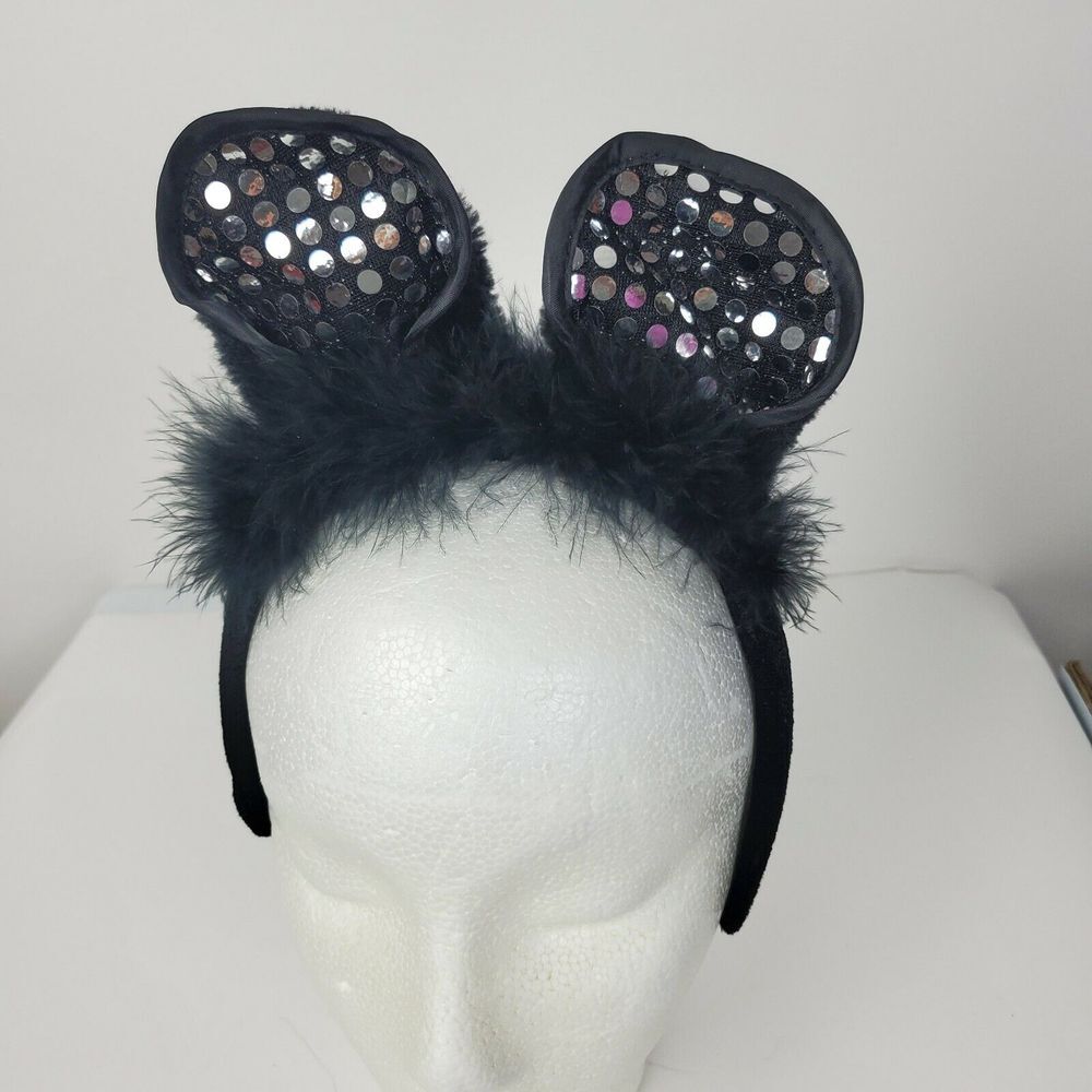 Mouse Ears Headband Black Fur Silver Polka Dot Halloween Costume